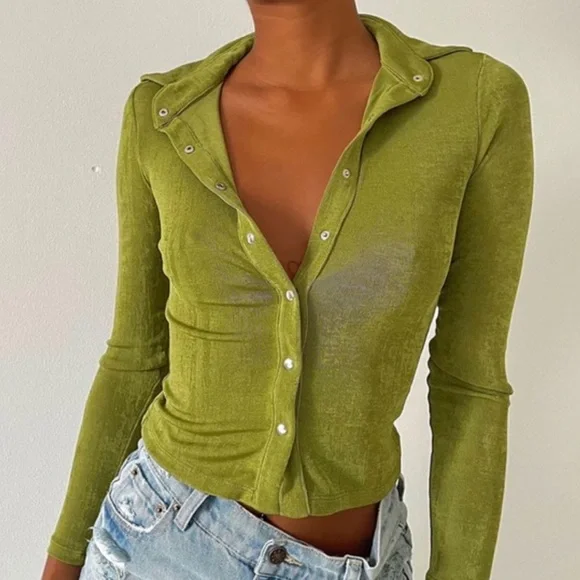 Princess Polly Green Long Sleeve Button-Up Collared Top - Size 2 - Picture 1 of 7